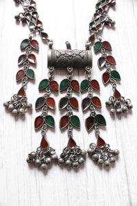 Red & Green Glass Stones Embedded Leaf Motif Oxidised Finish Necklace Set