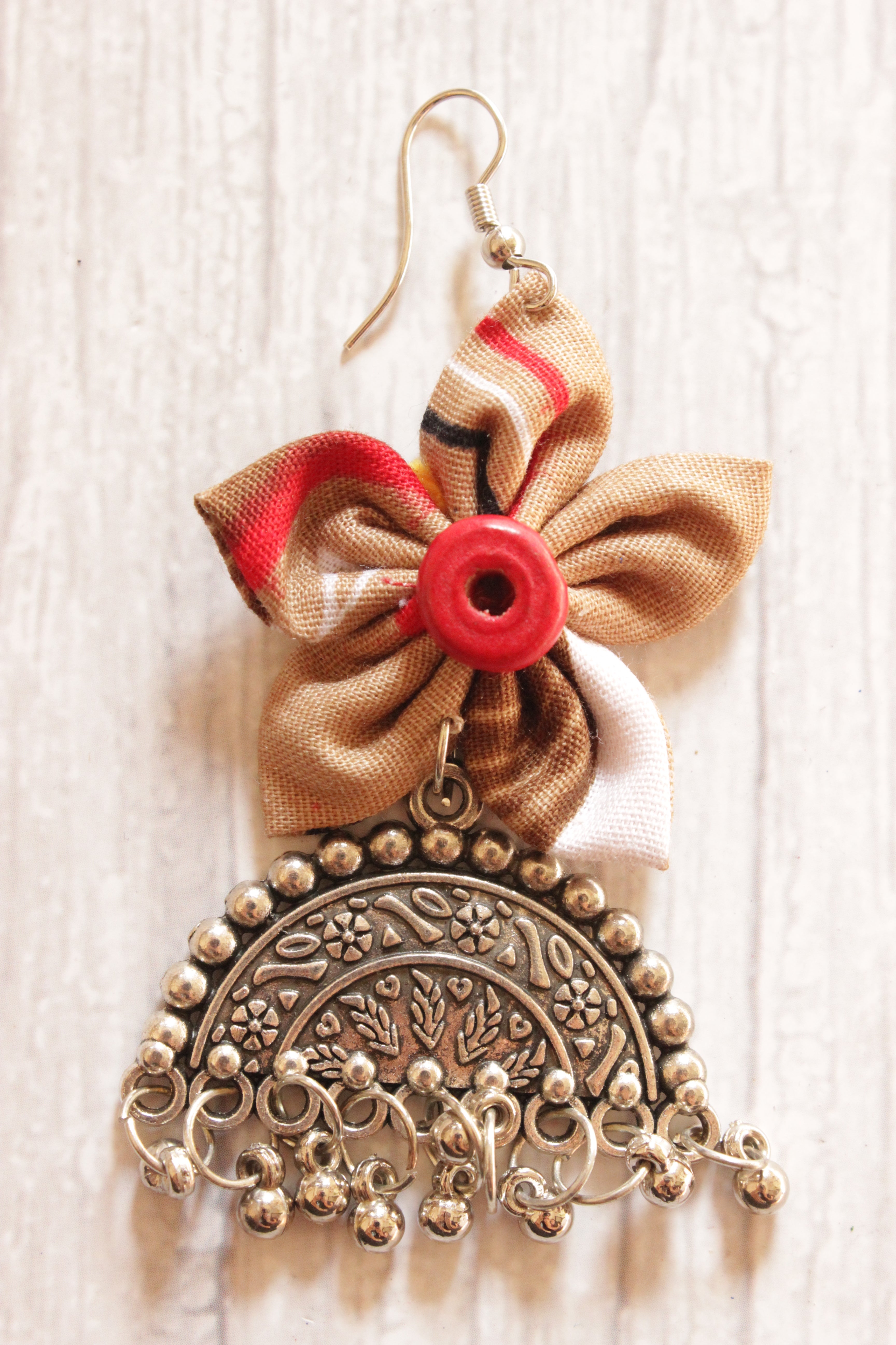 Brown & Red Handmade Fabric Flower Earrings with Dome Shaped Metal Accent