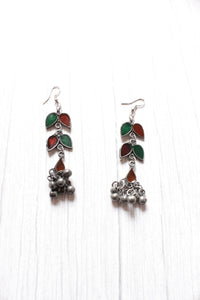 Red & Green Glass Stones Embedded Leaf Motif Oxidised Finish Necklace Set