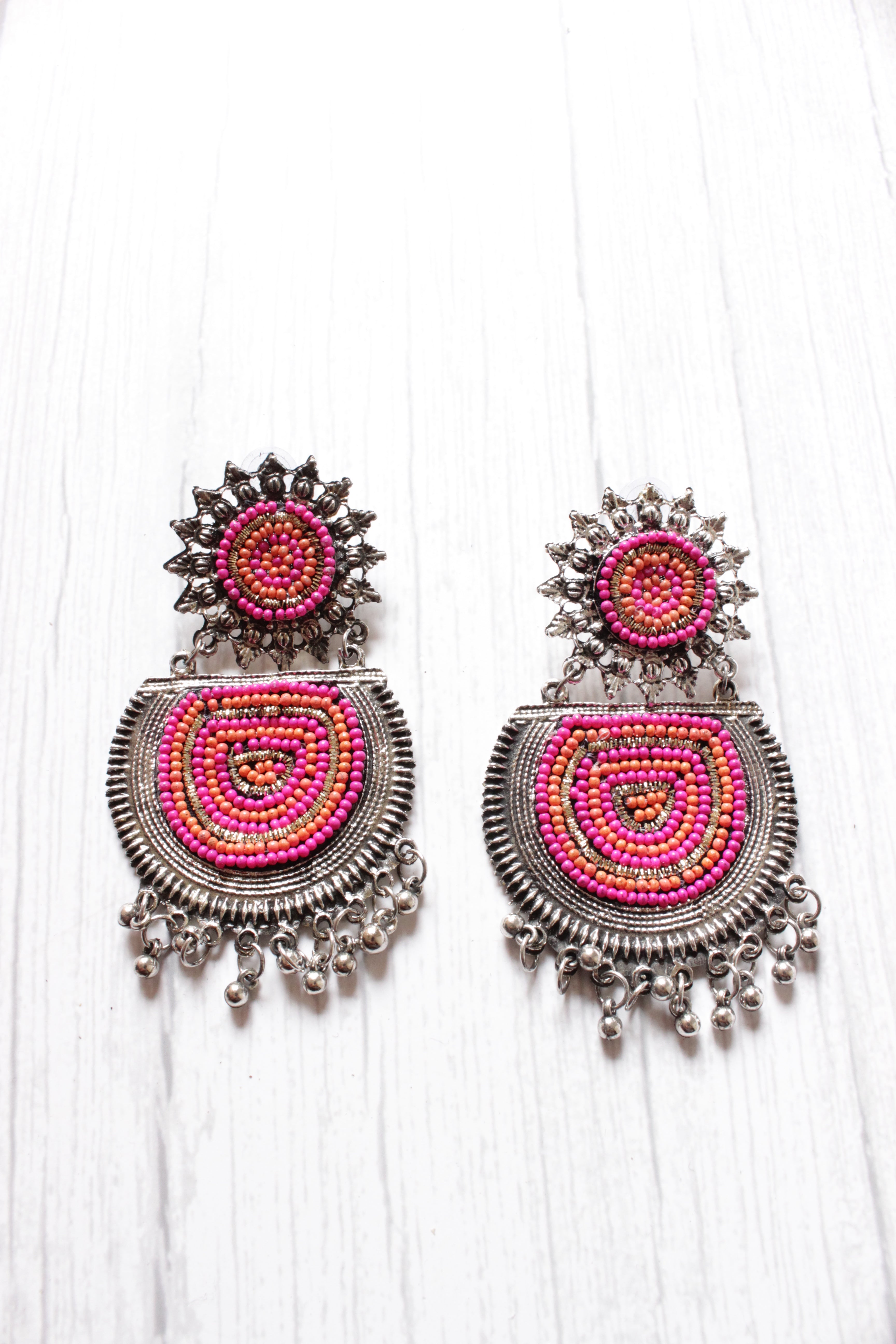 Pink & Yellow Beads Oxidised Silver Dangler Earrings