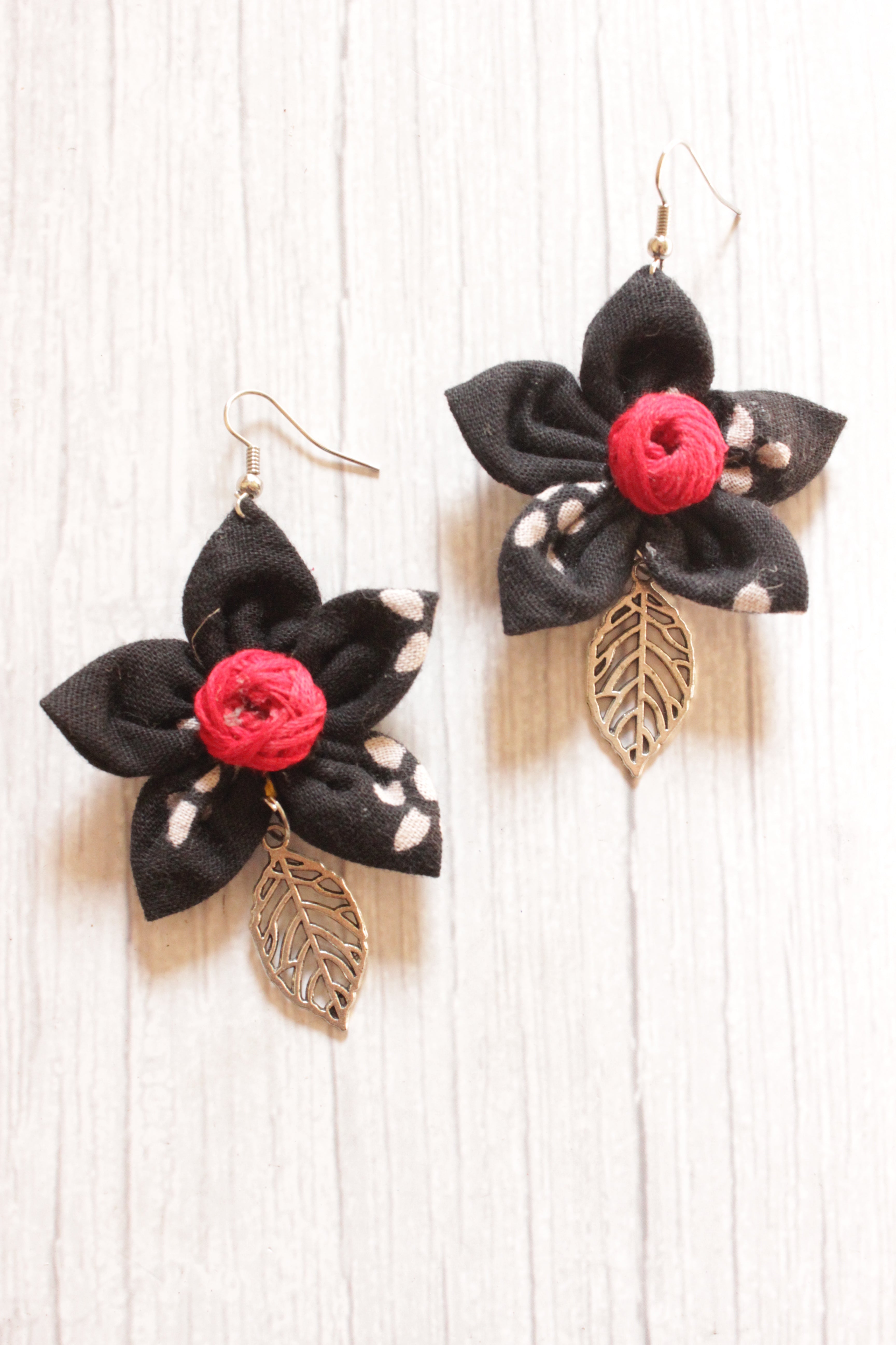 Black Fabric Handmade Flower Earrings Accentuated with Leaf Embellishment