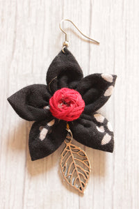 Black Fabric Handmade Flower Earrings Accentuated with Leaf Embellishment