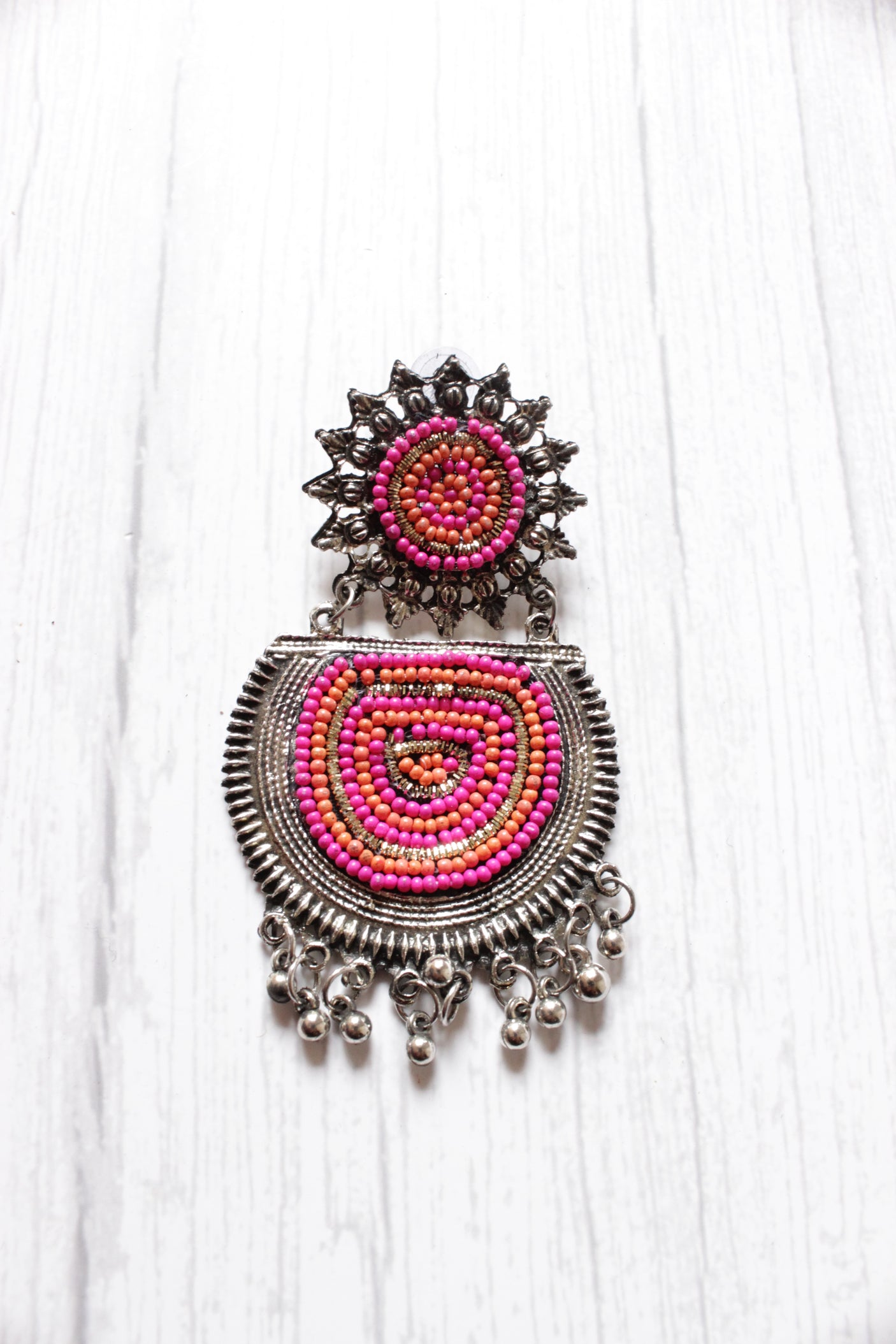 Pink & Yellow Beads Oxidised Silver Dangler Earrings
