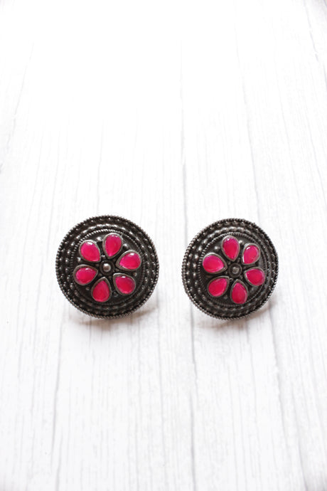Pink Glass Stones Embedded Oxidised Silver Stud Earrings