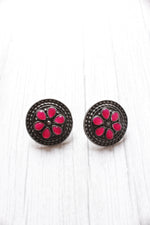 Load image into Gallery viewer, Pink Glass Stones Embedded Oxidised Silver Stud Earrings
