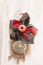 Load image into Gallery viewer, Black &amp; Red Fabric Handmade Flower Earrings Accentuated with Circula Metal Embellishment

