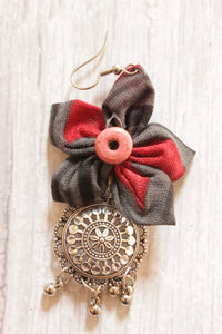 Black & Red Fabric Handmade Flower Earrings Accentuated with Circula Metal Embellishment