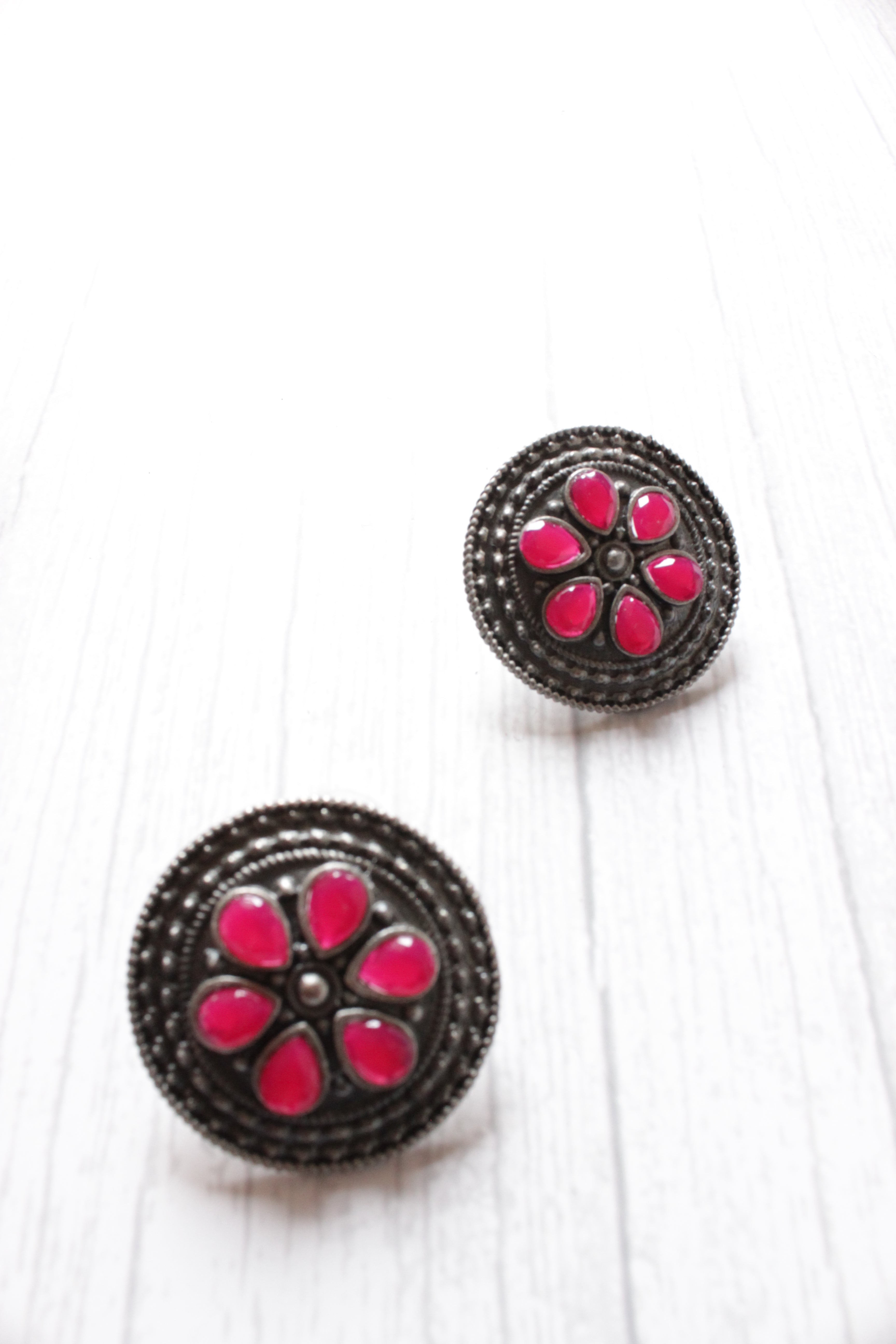 Pink Glass Stones Embedded Oxidised Silver Stud Earrings