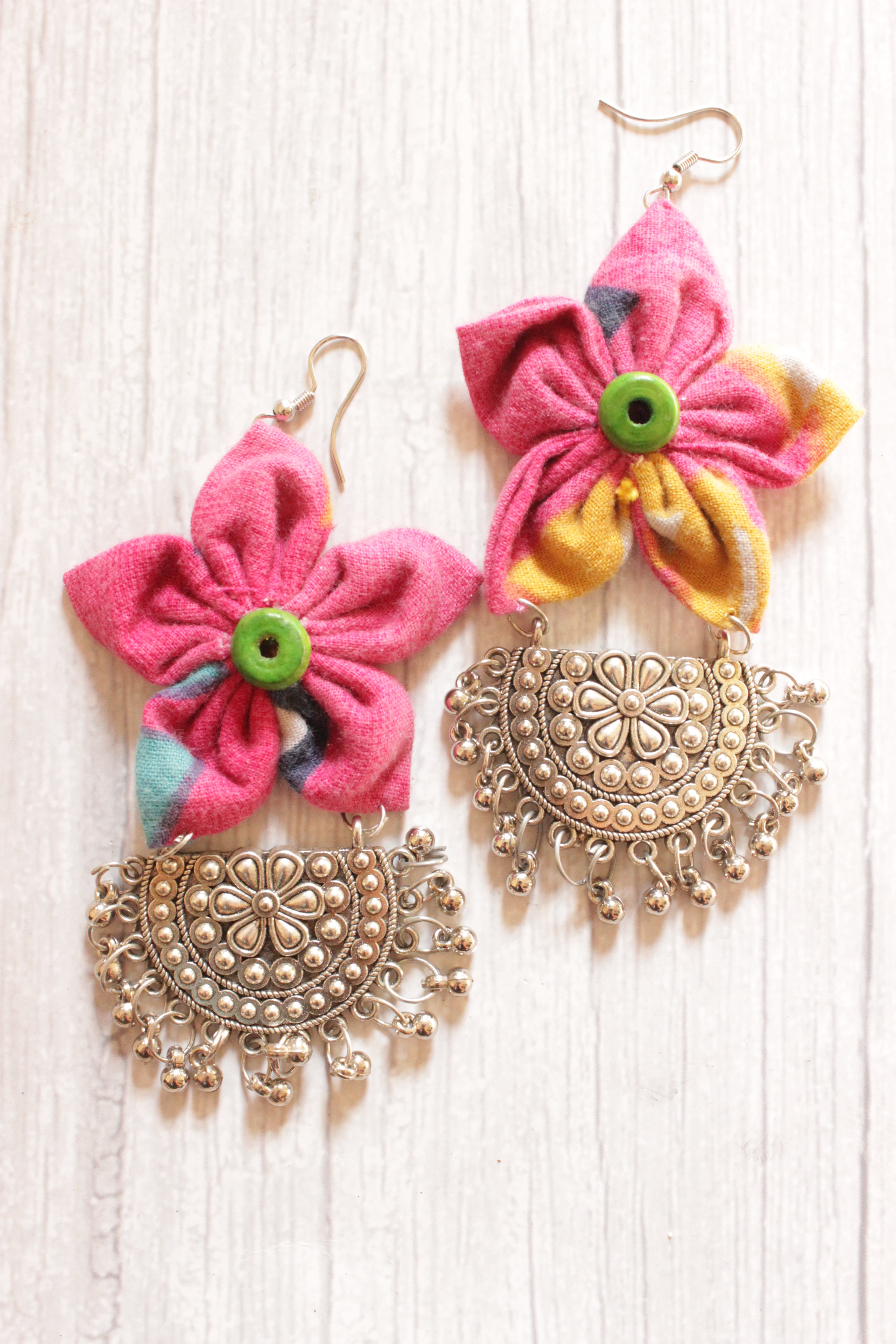 Pink Fabric Handmade Flower Earrings Embellished with Semi-Circular Metal Accent