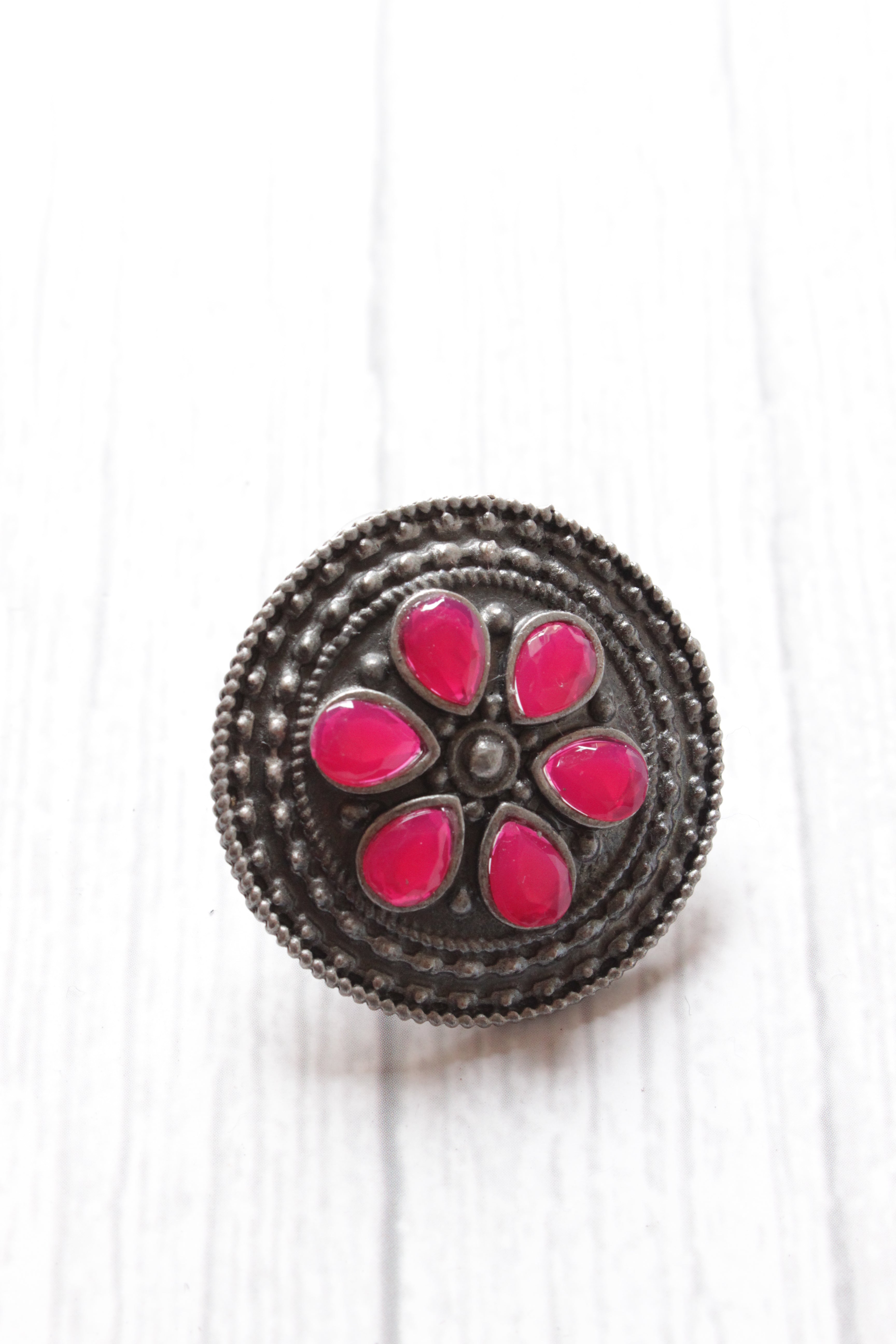 Pink Glass Stones Embedded Oxidised Silver Stud Earrings