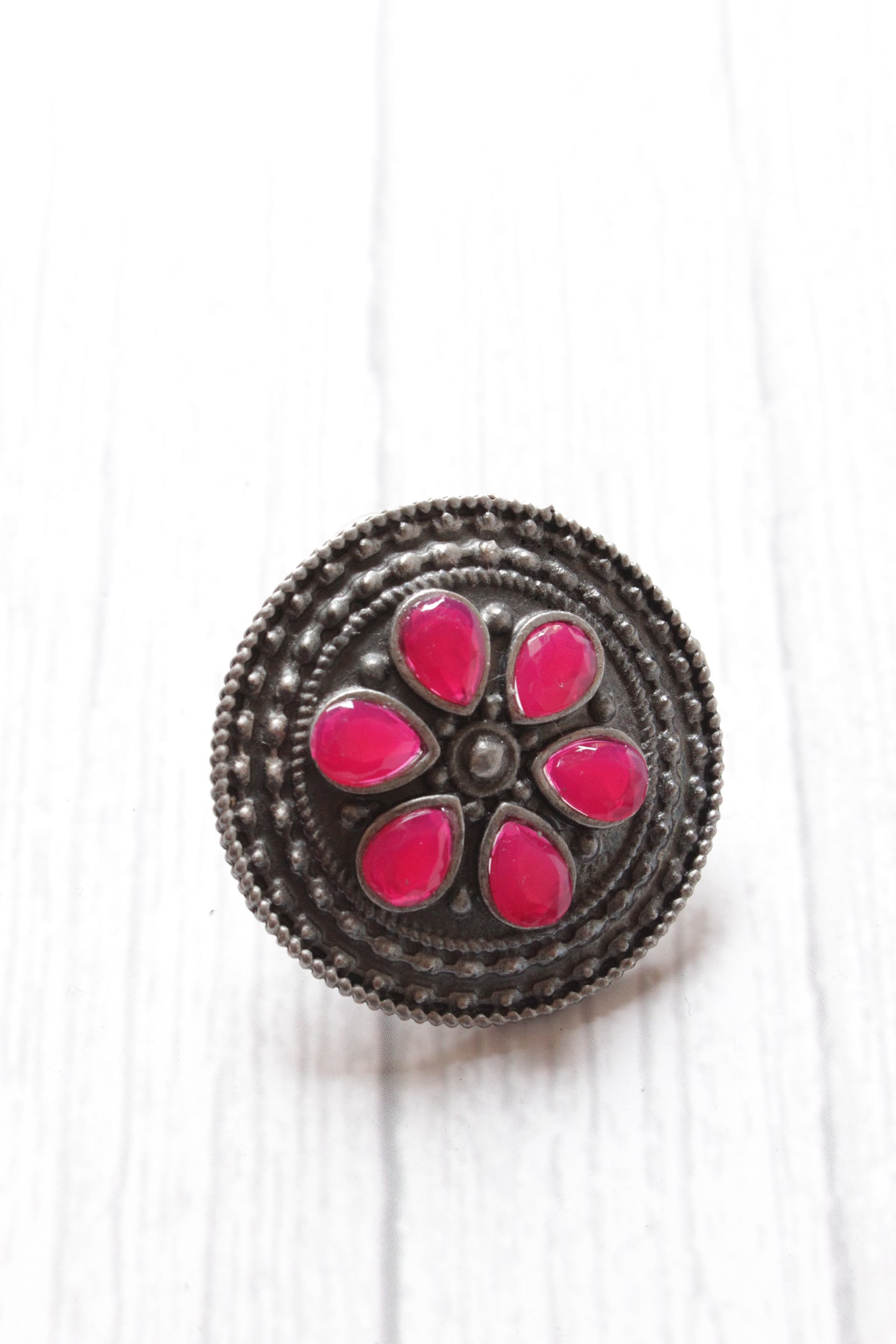 Pink Glass Stones Embedded Oxidised Silver Stud Earrings