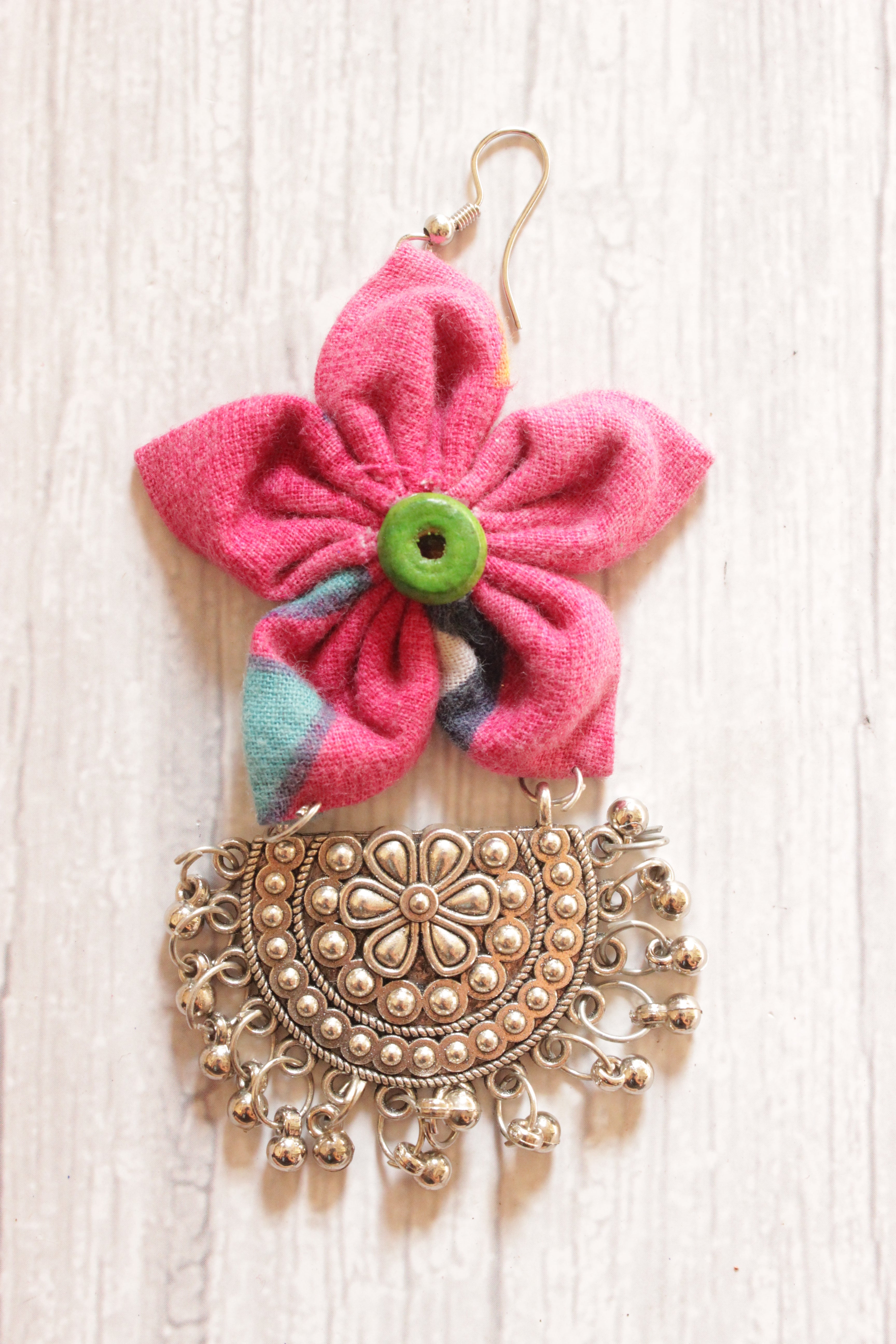 Pink Fabric Handmade Flower Earrings Embellished with Semi-Circular Metal Accent