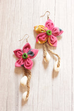 Load image into Gallery viewer, Pink Fabric Handmade Flower Earrings Accentuated with Shells Attached to Jute Strings
