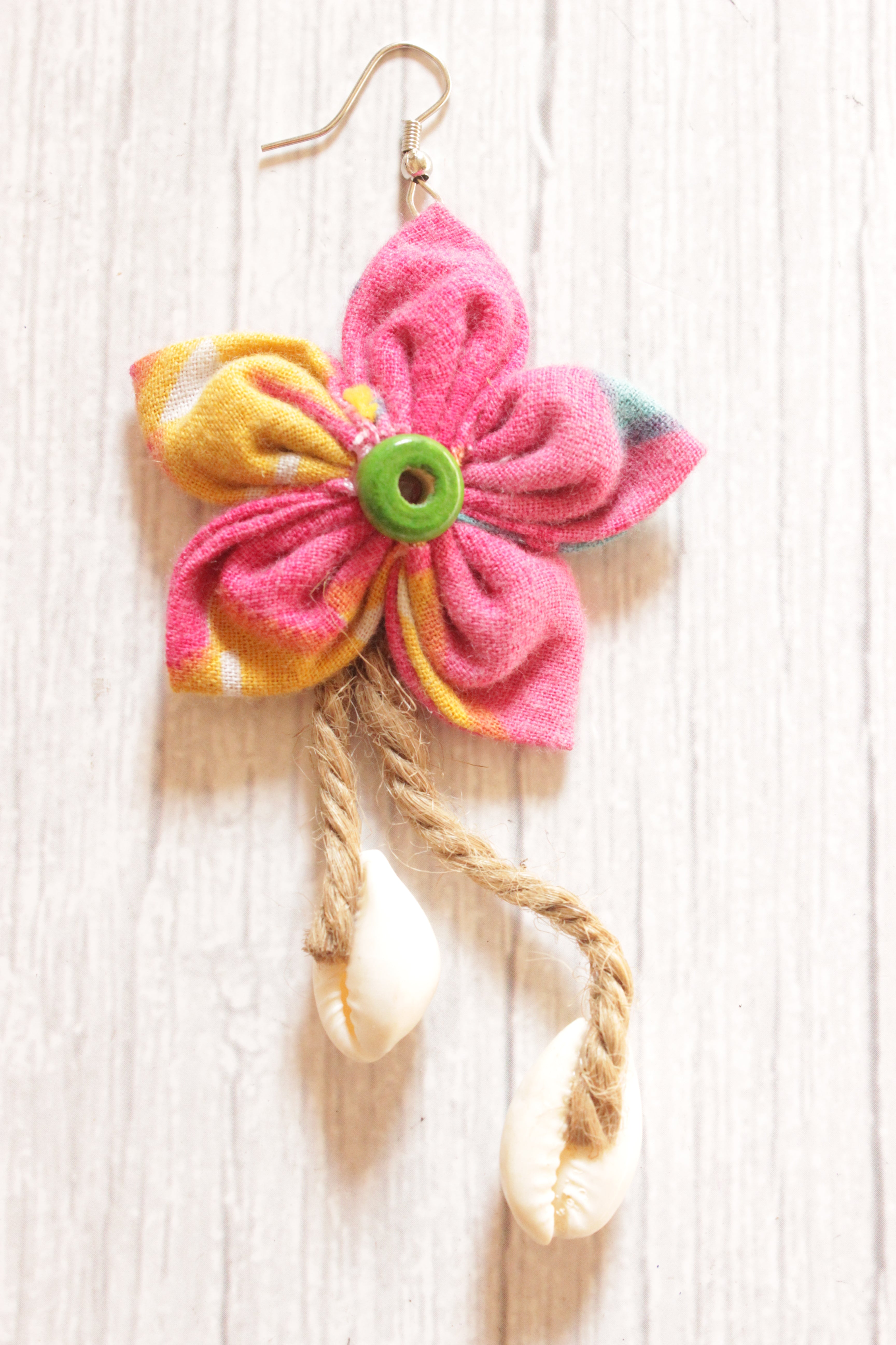 Pink Fabric Handmade Flower Earrings Accentuated with Shells Attached to Jute Strings