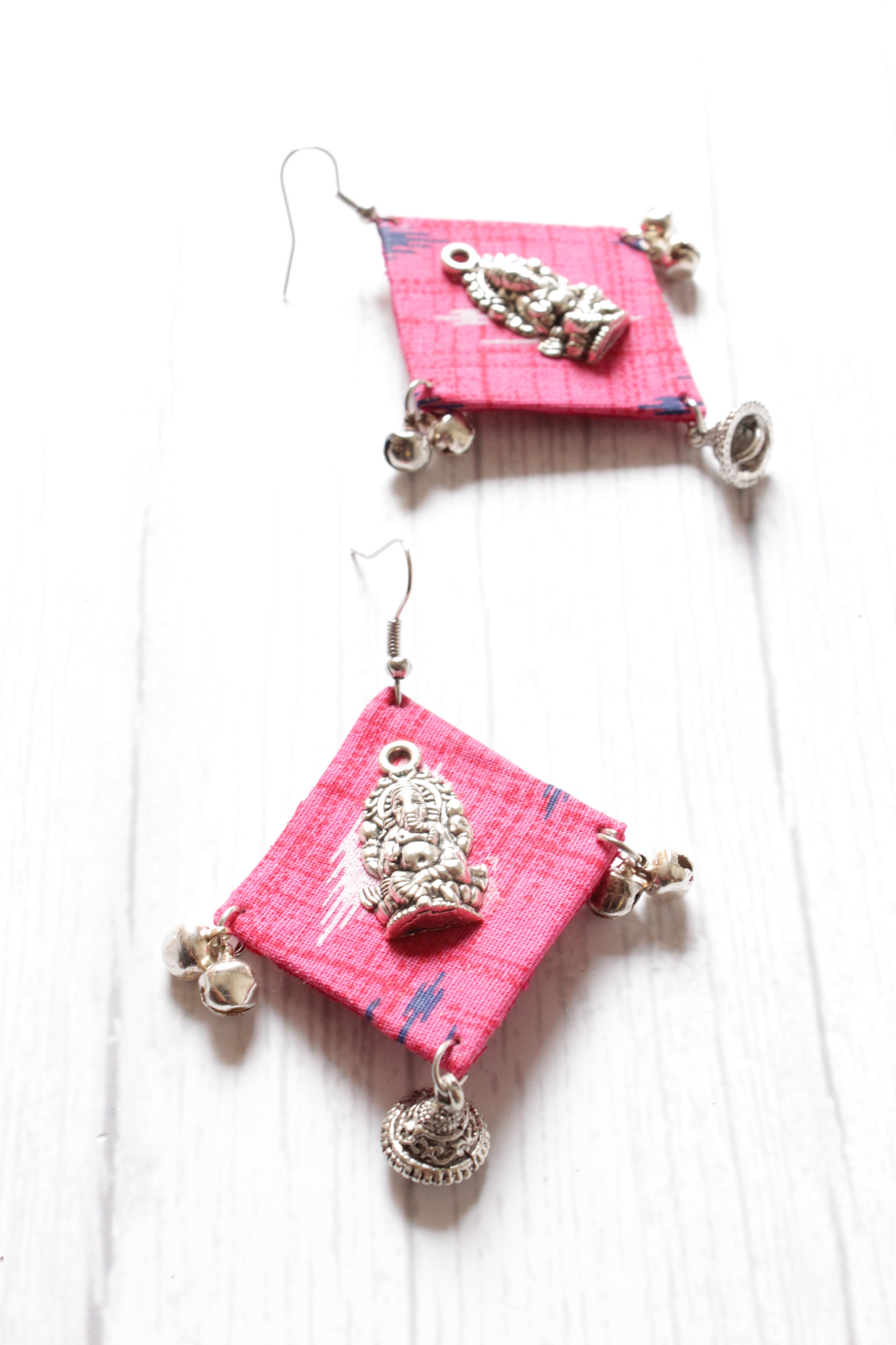 Pink Ikat Fabric Ganesha Motif Earrings