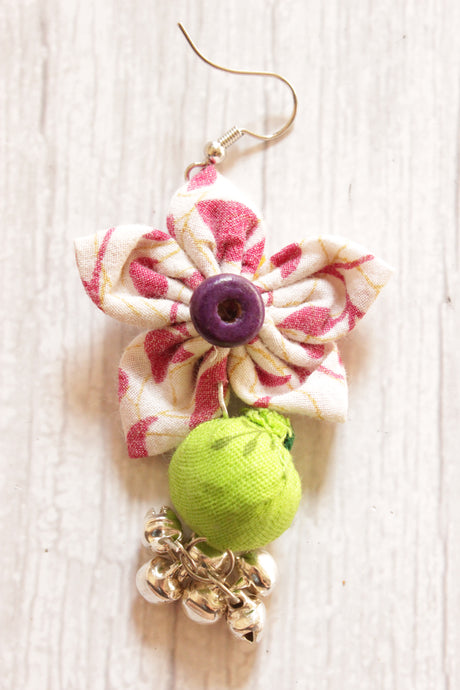 White & Fuchsia Handmade Fabric Flower Earrings Accentuated with Ghungroo Beads
