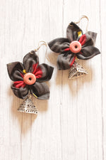 Load image into Gallery viewer, Black Handmade Fabric Flower Earrings Accentuated with Small Metal Jhumkas
