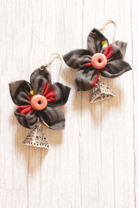 Black Handmade Fabric Flower Earrings Accentuated with Small Metal Jhumkas