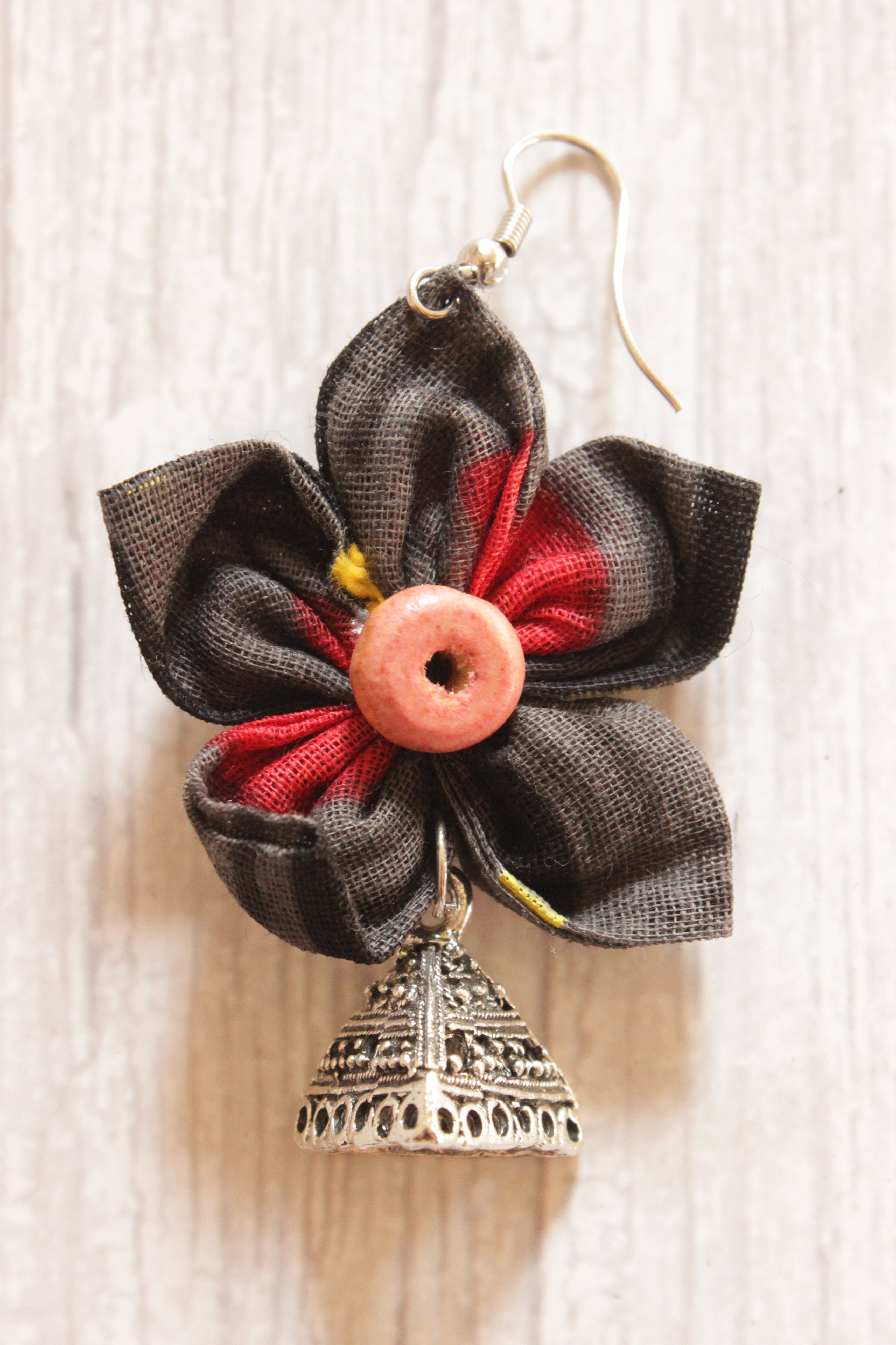Black Handmade Fabric Flower Earrings Accentuated with Small Metal Jhumkas