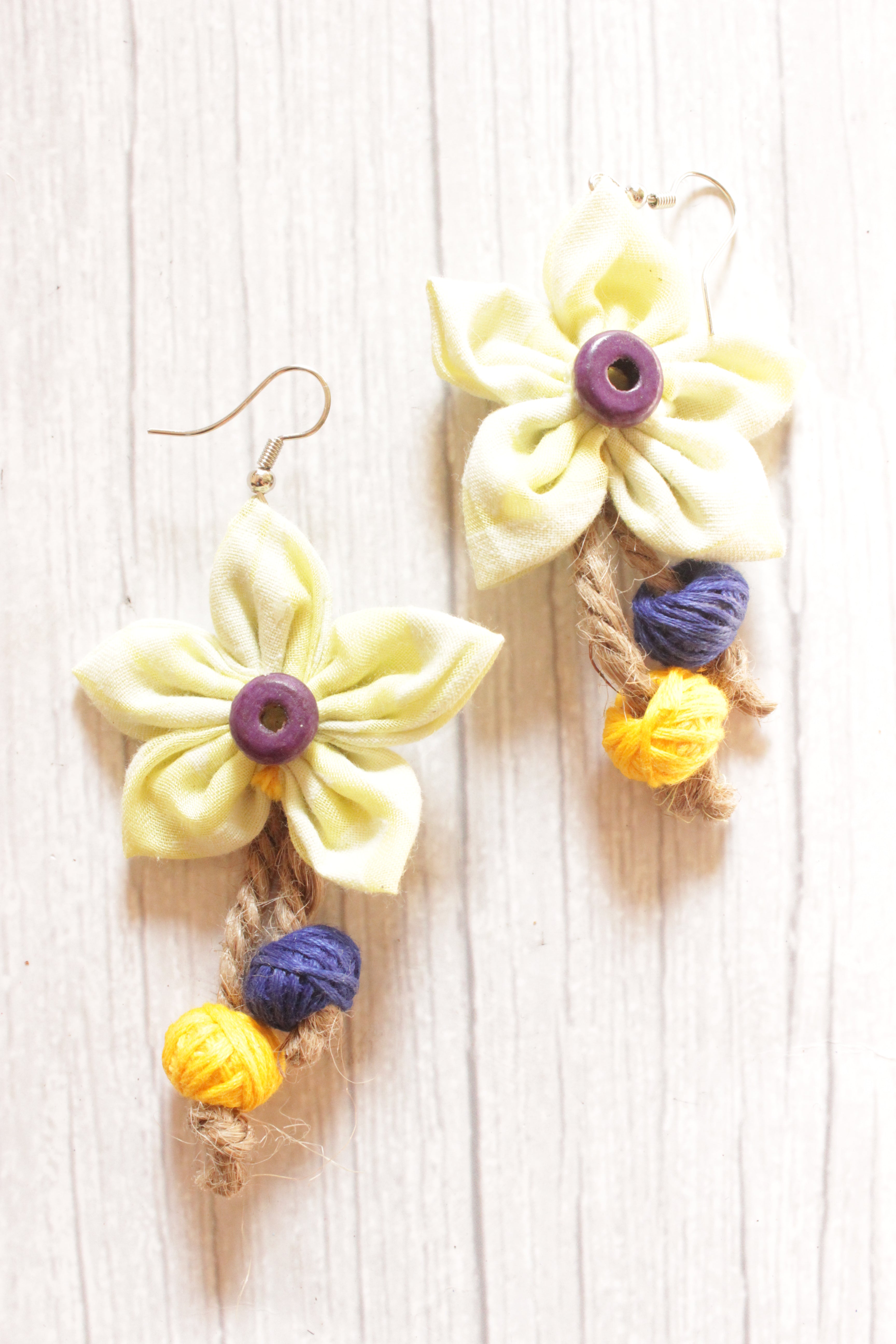 Lemon Yellow Handmade Fabric Flower Earrings Accentuated with Fabric Beads Attached to Jute Strings