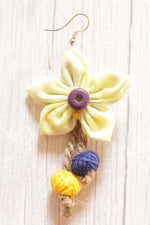 Load image into Gallery viewer, Lemon Yellow Handmade Fabric Flower Earrings Accentuated with Fabric Beads Attached to Jute Strings

