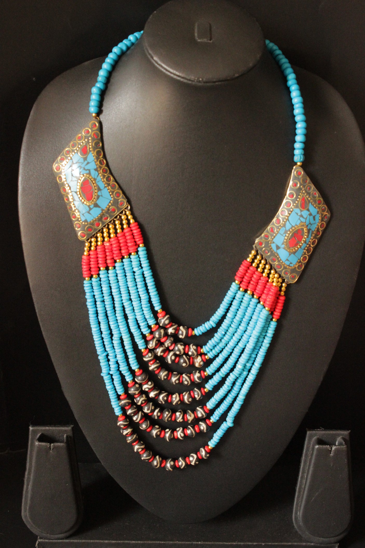 Turquoise & Red Acrylic  Beads and Wooden Beads Hand Beaded Statement Tibetan Necklace