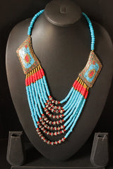Turquoise & Red Acrylic  Beads and Wooden Beads Hand Beaded Statement Tibetan Necklace