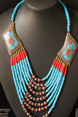 Turquoise & Red Acrylic  Beads and Wooden Beads Hand Beaded Statement Tibetan Necklace