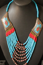 Load image into Gallery viewer, Turquoise &amp; Red Acrylic  Beads and Wooden Beads Hand Beaded Statement Tibetan Necklace
