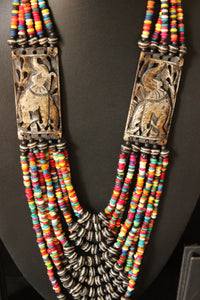 Multi-Color Acrylic and Wooden Beads Hand Beaded Statement Tribal Necklace with Elephant Motif
