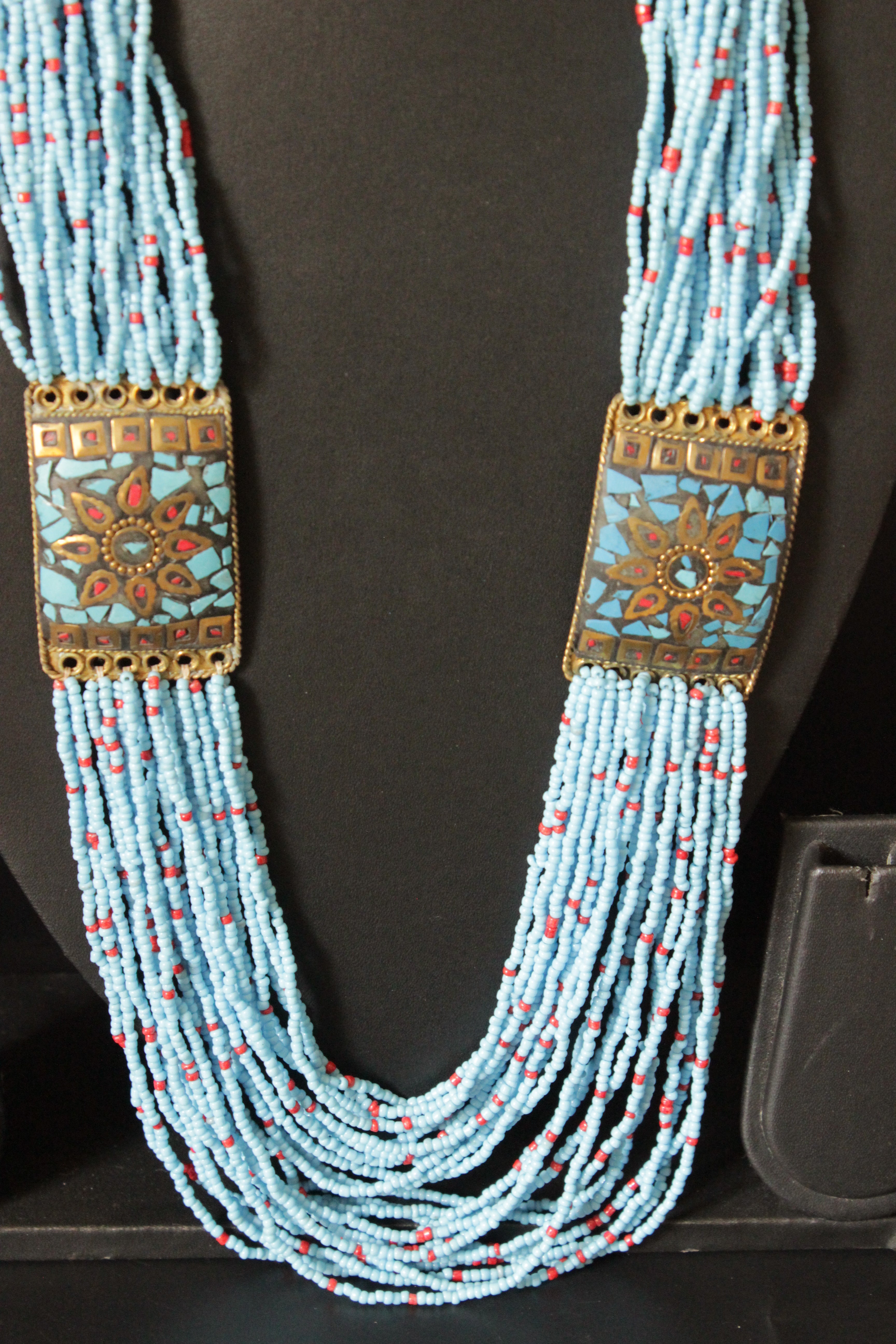Sky Blue Beads Intertwined with Red Multi-Layer Beaded Necklace