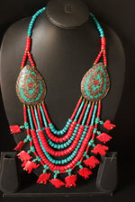 Load image into Gallery viewer, Turquoise and Red Beads Hand Beaded Statement African Tribal Necklace with Elephant Charms
