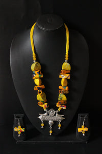 Vibrant Yellow Fabric and Stones Peacock Metal Pendant Necklace Set