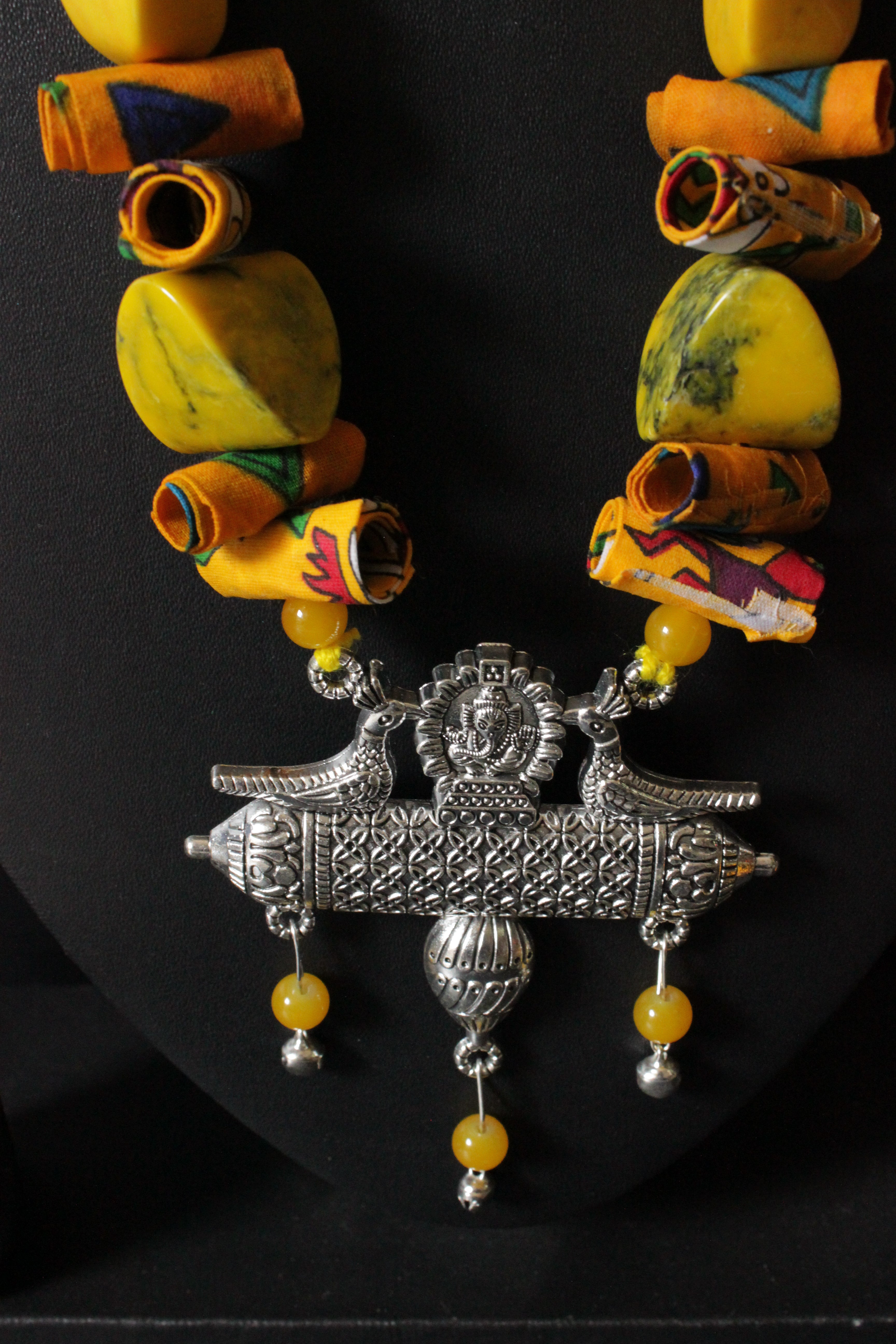Vibrant Yellow Fabric and Stones Peacock Metal Pendant Necklace Set