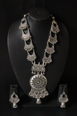 Long Silver Finish Metal Necklace Set with Intricate Detailing