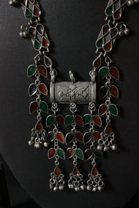 Red & Green Glass Stones Embedded Leaf Motif Oxidised Finish Necklace Set