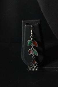 Red & Green Glass Stones Embedded Leaf Motif Oxidised Finish Necklace Set