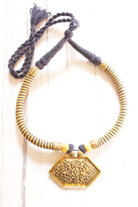 Hasli Style Twisted Fabric Choker Necklace with Antique Gold Finish Metal Pendant