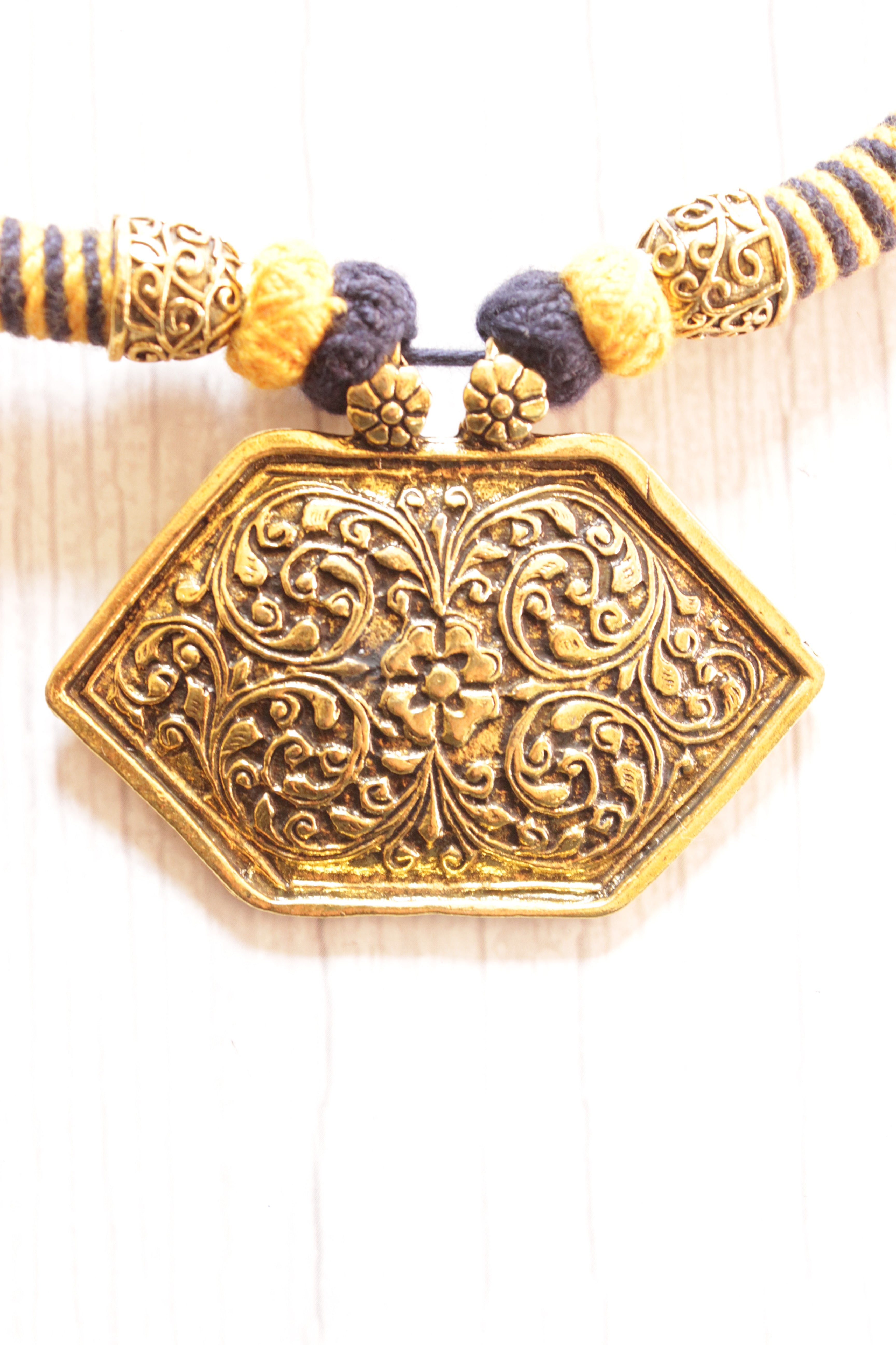 Hasli Style Twisted Fabric Choker Necklace with Antique Gold Finish Metal Pendant