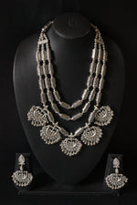Load image into Gallery viewer, 3 Layer Elaborate Silver Finish Metal Necklace Set with Dangler Earrings
