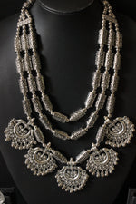Load image into Gallery viewer, 3 Layer Elaborate Silver Finish Metal Necklace Set with Dangler Earrings
