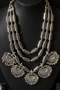 3 Layer Elaborate Silver Finish Metal Necklace Set with Dangler Earrings