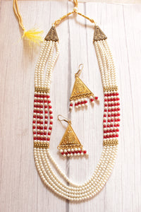 5 Layered White and Red Beads Necklace Set with Gold Finish Metal Accents