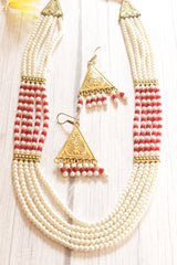 5 Layered White and Red Beads Necklace Set with Gold Finish Metal Accents