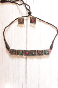 Pink and Turquoise Stones Embedded Oxidised Finish Choker Necklace Set with Adjustable Length Closure