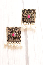 Load image into Gallery viewer, Pink and Turquoise Stones Embedded Oxidised Finish Choker Necklace Set with Adjustable Length Closure
