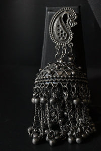 Peacock Motif Oxidised Finish Jhumka Earrings with Long Metal Beads Strands