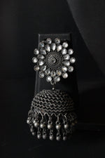 Load image into Gallery viewer, White Glass Stones Embedded Oxidised Finish Jhumkas with Bead Strings
