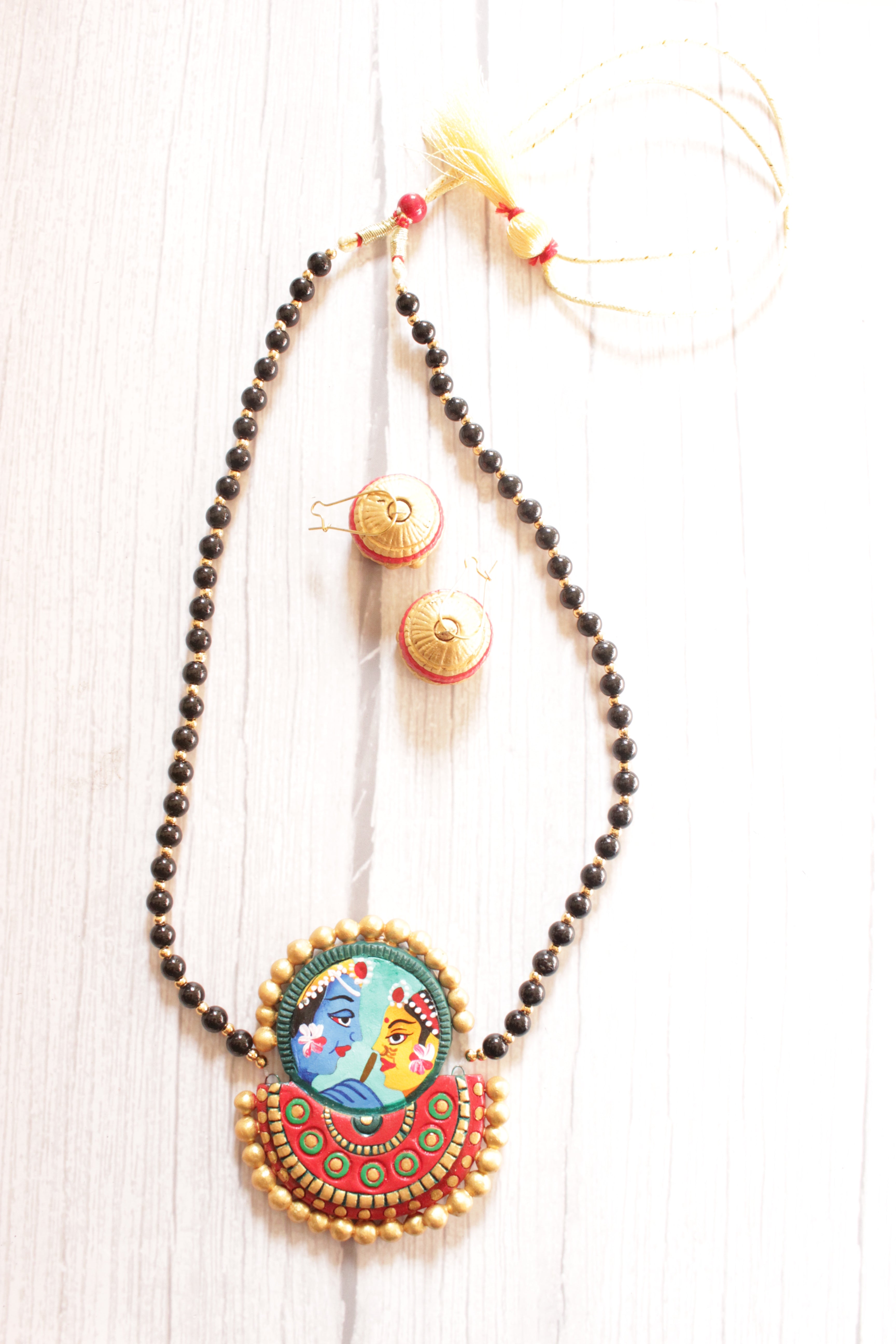 Radha Krishna Hand Painted Terracotta Clay Necklace Set with Jhumka Earrings