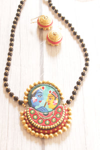 Radha Krishna Hand Painted Terracotta Clay Necklace Set with Jhumka Earrings